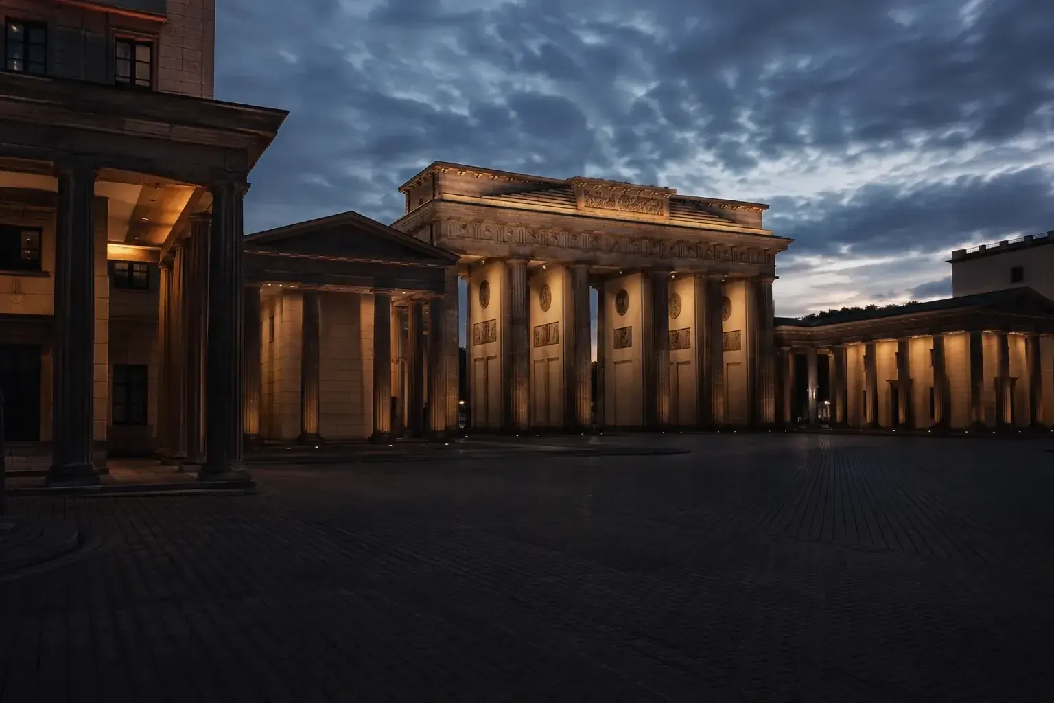 Brandenburger Tor auf einem leeren Platz in der Abenddämmerung